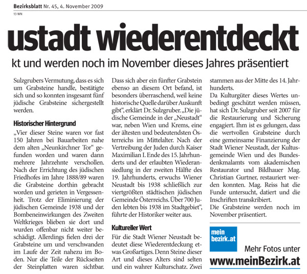 Bezirksblatt vom 04.11.2009, S. 13.
